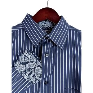 Roundtree Yorke Mens Navy‎ Paisley Trim Dress Shirt Long Sleeve Button Up M